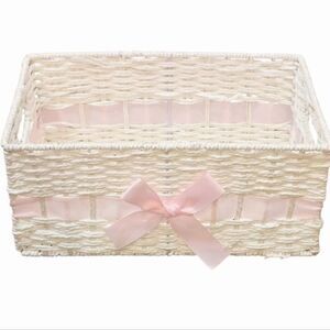 At Home Decorative Wicker Storage Basket w/Pink Ribbon